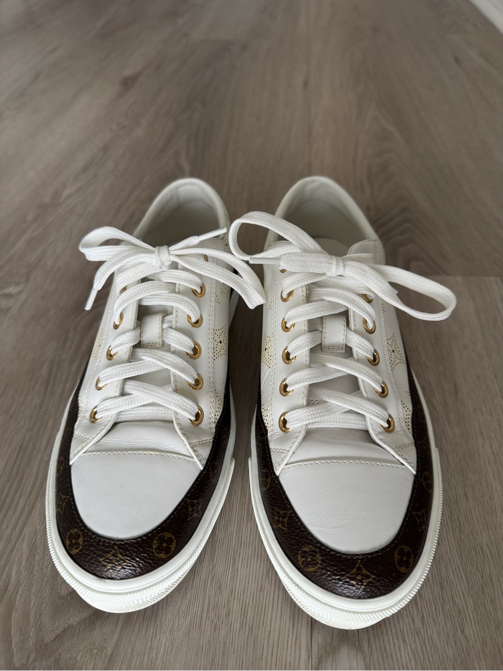 Louis Vuitton Authentic White Leather Perforated Monogram Sneakers Size 37